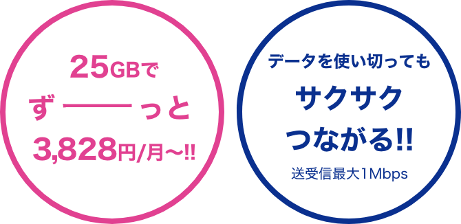 25GBでずーっと3,828円/月〜!! データを使い切ってもサクサク繋がる!