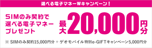 選べる電子マネーWキャンペーン! SIMのみ契約で選べる電子マネープレゼント 最大20,000円分