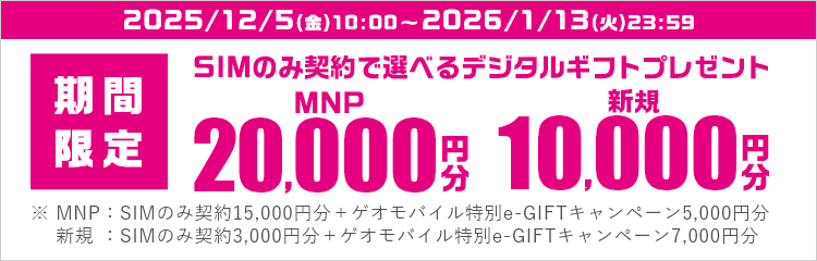 SIMのみ契約で選べるデジタルギフトプレゼント 最大20,000円分